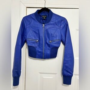 Seductions Electric Blue Cropped Faux Leather Bomber Jacket Size S